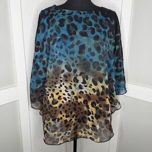 Cato Tunic Top Womens Large Blue Leopard Print Relaxed Fit Sheer Layered 3814